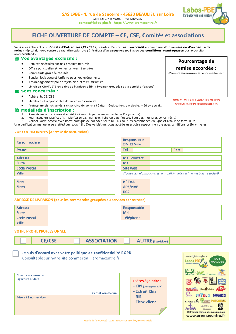 Fiche ouverture compte CE association et comités